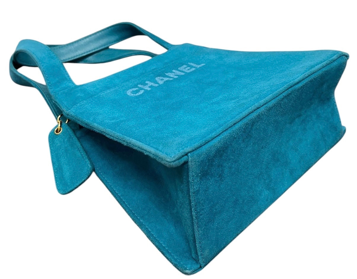 Chanel Vintage 90s Turquoise Blue Suede Logo Small Kelly Top Handle Bag 