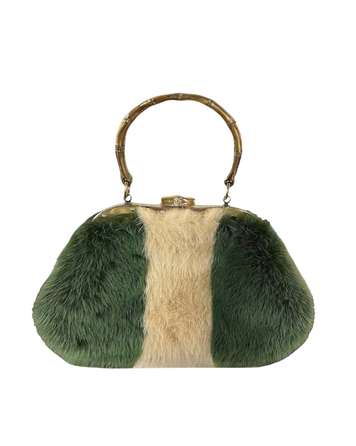 Gucci by Tom Ford Vintage Green & White Mink Fur Metal Bamboo Handle Top Handle Evening Bag