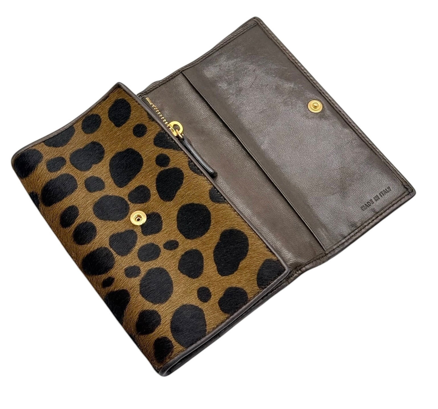 Miu Miu Vintage Brown Spotted Animal Print Pony Hair Snap Trifold Wallet