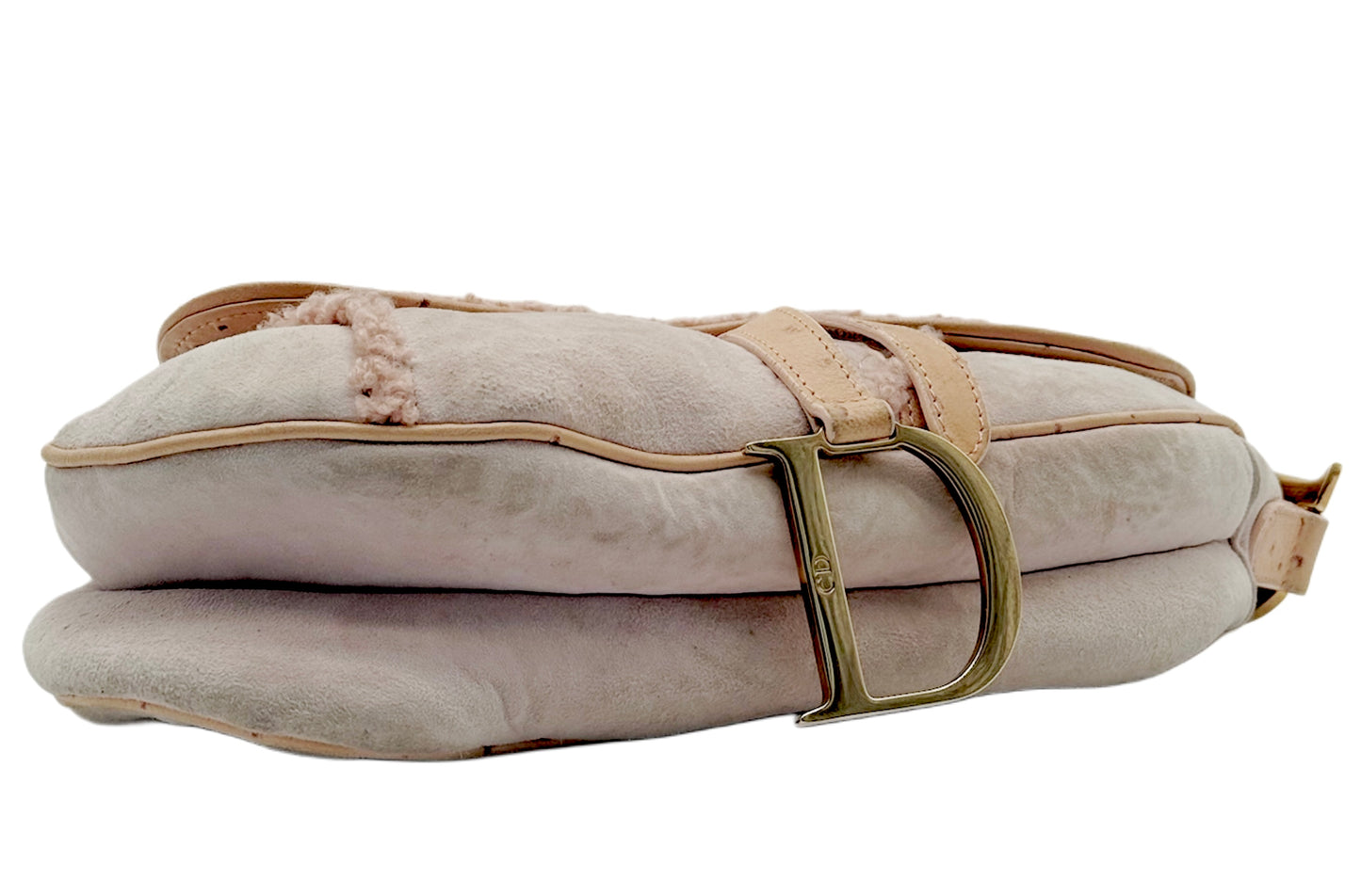 Dior Vintage 2000 Light Pink Micro Suede Shearling & Ostrich Trim Medium Saddle Shoulder Bag
