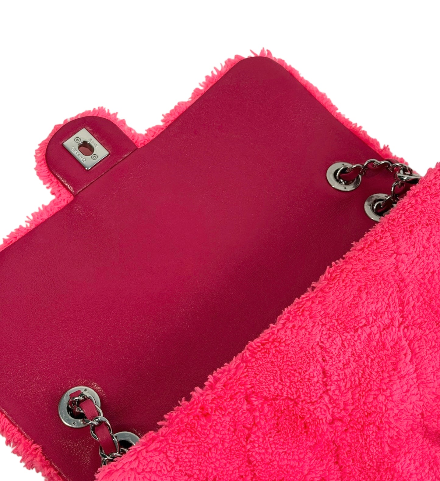 Chanel 2019 Neon Pink Terry Cloth Medium Shoulder Flap Bag