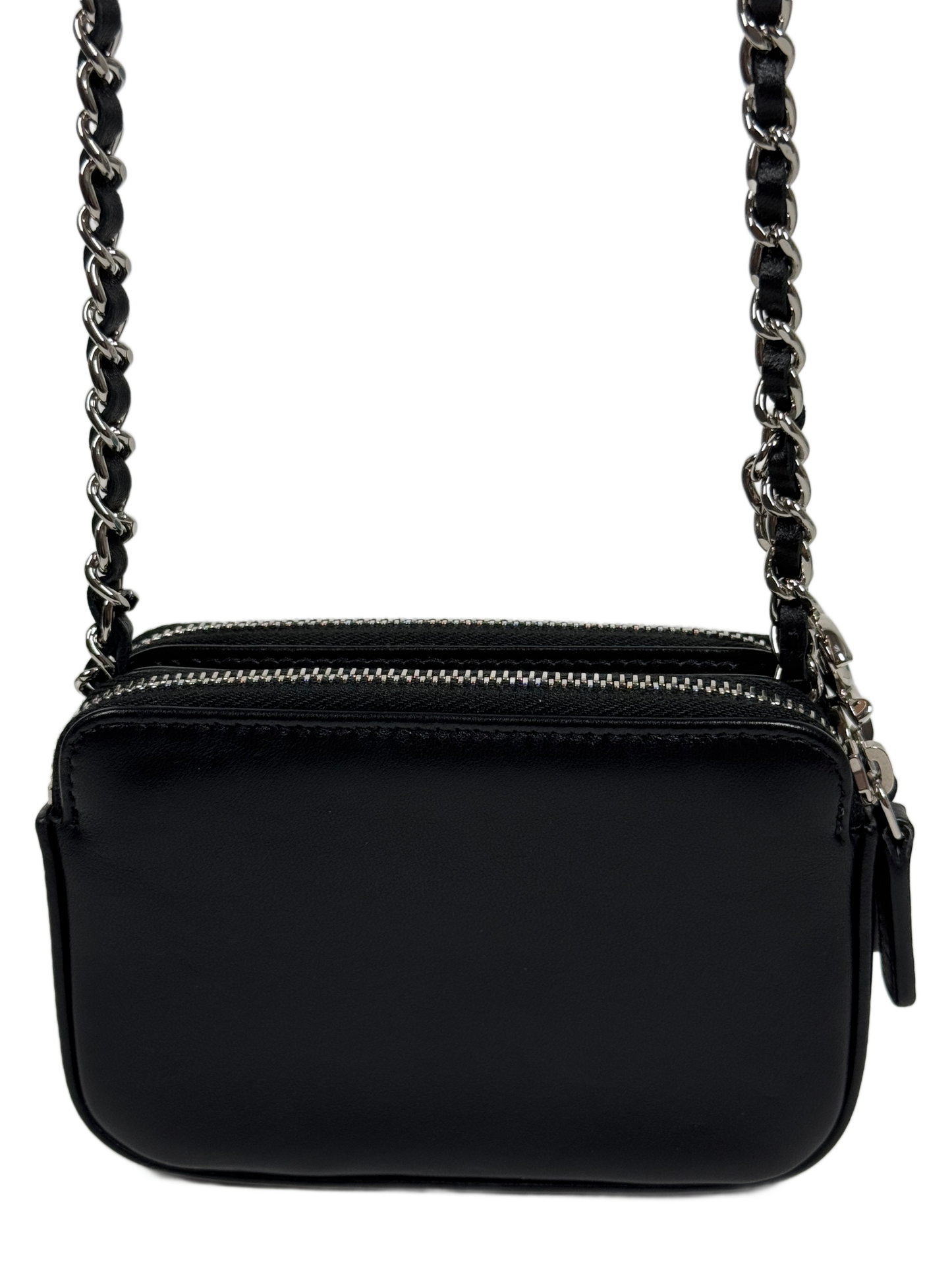 Chanel Silver Sequin & Black Leather Mini Double Zip Chain Shoulder & Crossbody Bag