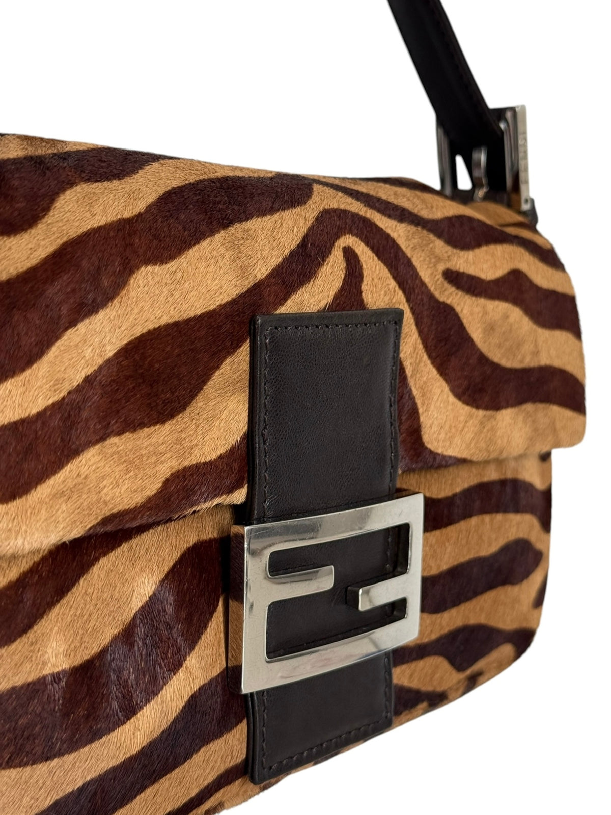 Fendi Vintage Brown Zebra Print Pony Hair Shoulder Baguette Bag