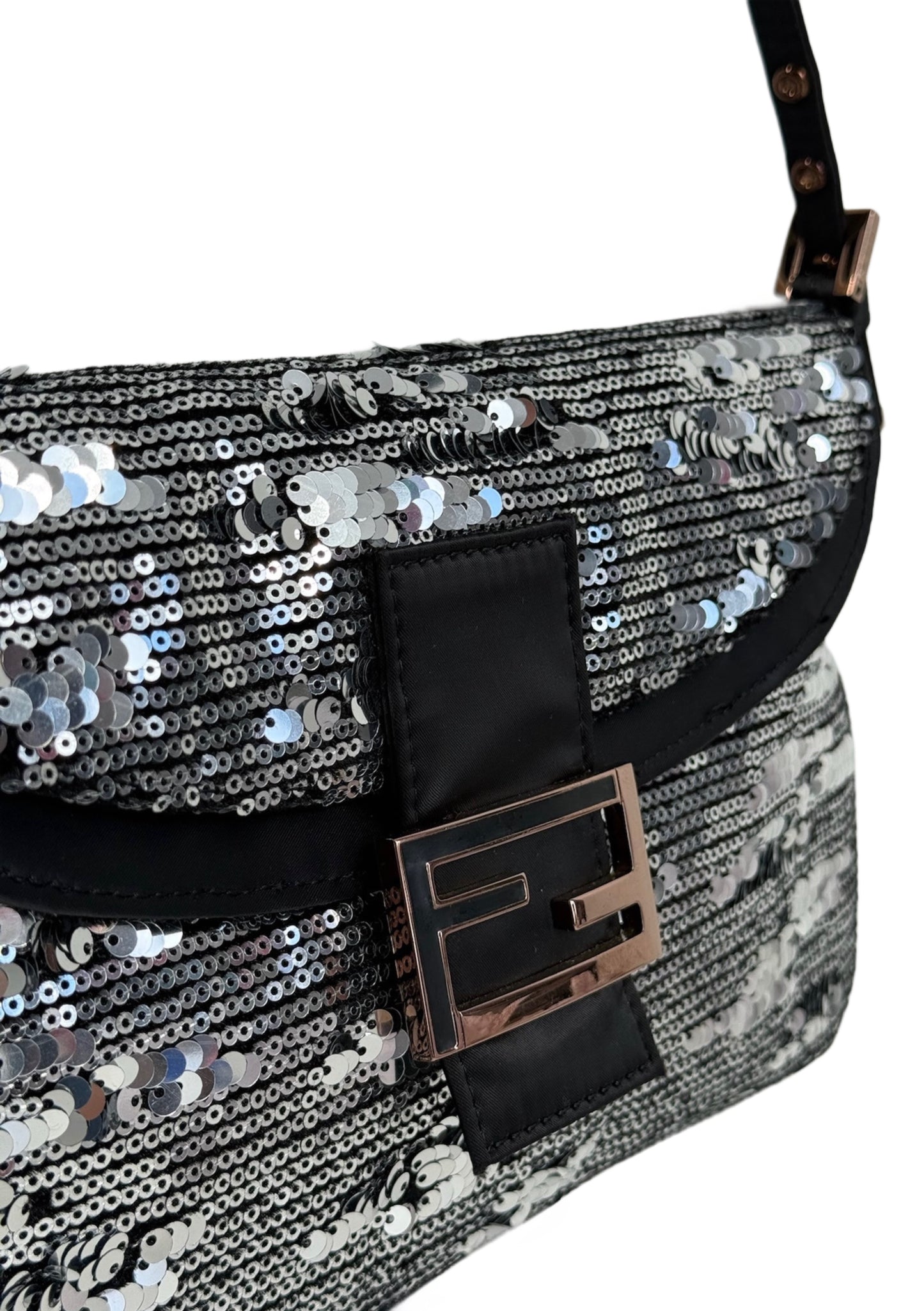 Fendi Vintage Silver Sequin Black Satin Trim Double Flap Baguette w Rose Gold Hardware