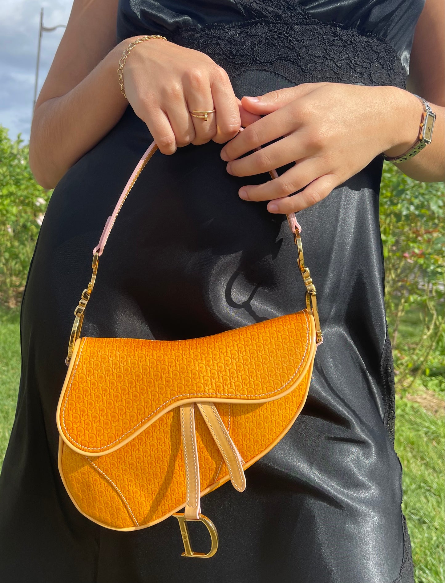 Dior Vintage Orange Diorissimo Patent Leather Saddle Bag
