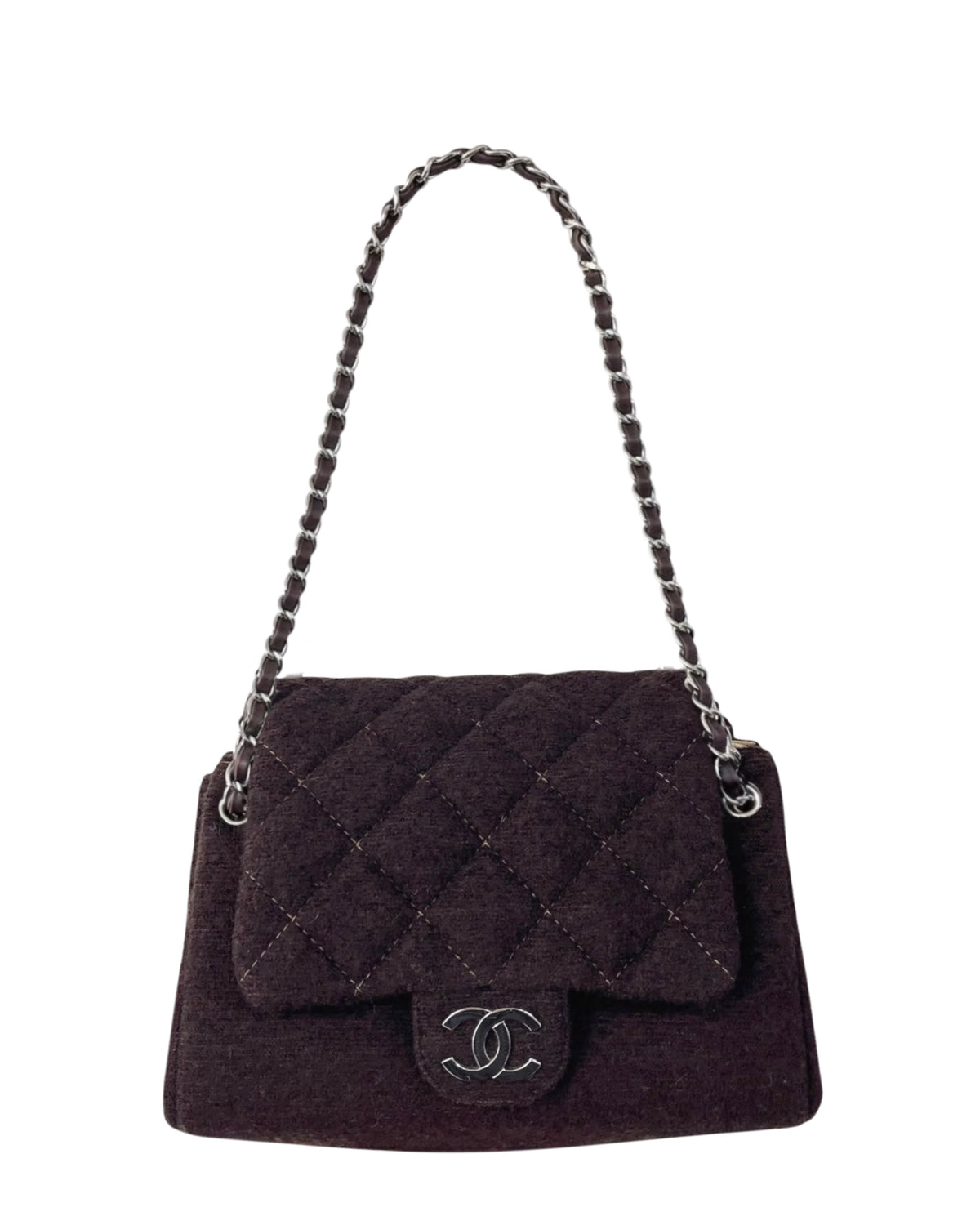 Chanel Vintage 2004-2005 Brown Quilted Wool Square Season Shoulder Flap Bag