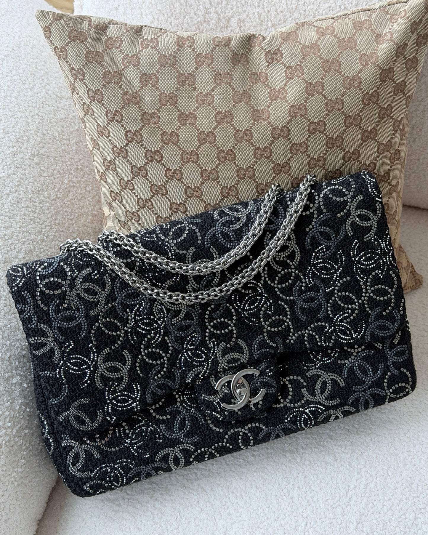 Chanel Vintage Paris-Shanghai Pudong Strass Black Tweed and Crystal CC Logo Jumbo Classic Flap Bag