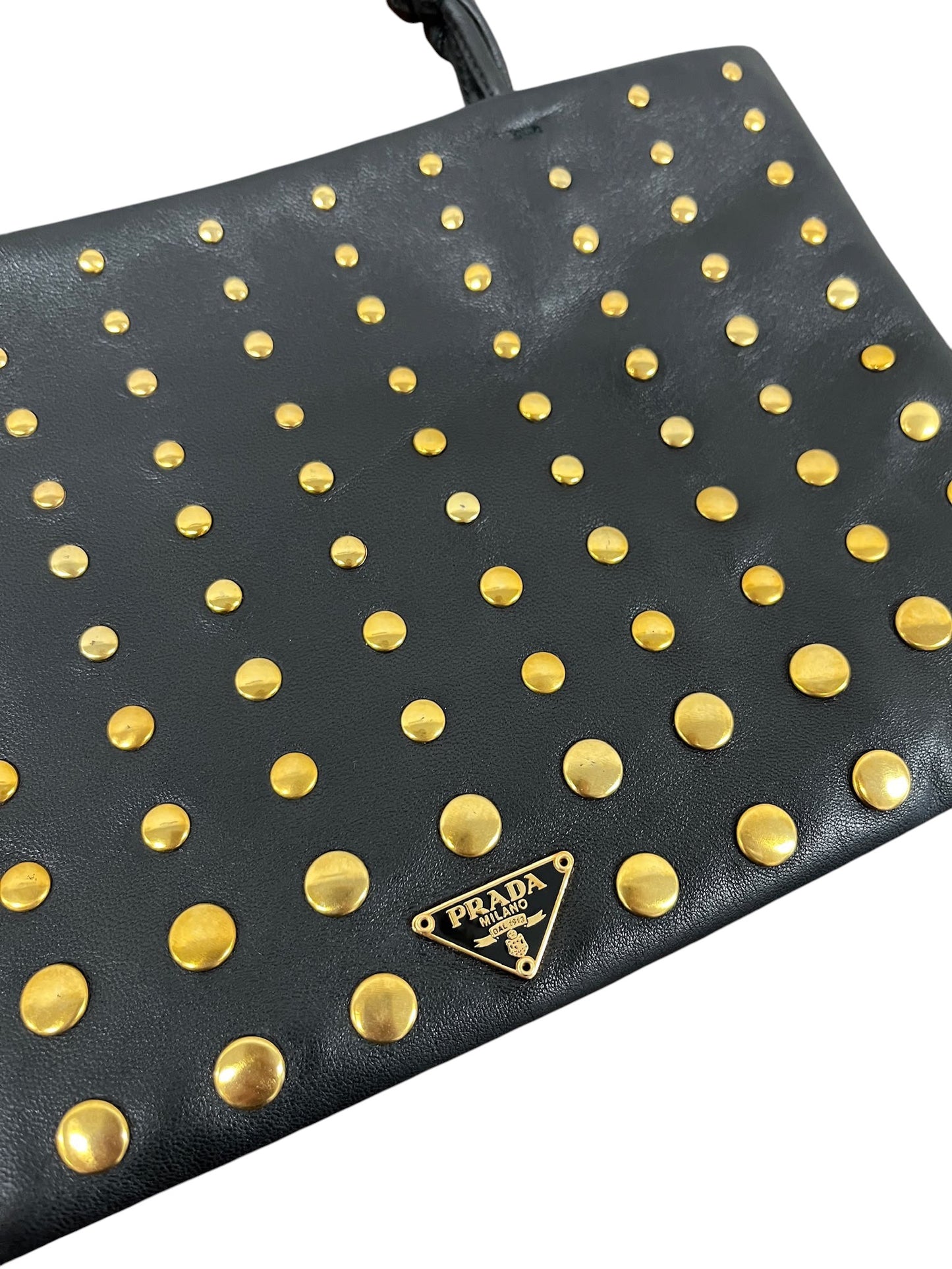 Prada Vintage Black Lambskin Gold Studded Mini Top Handle Pochette