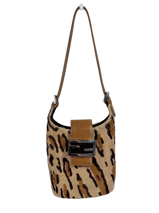 Fendi Vintage Beige Brown Leopard Print Pony Hair Mini Bucket Shoulder Bag