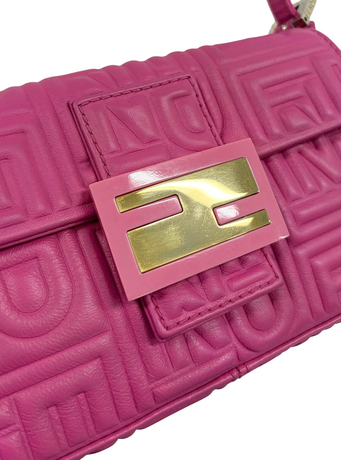 Fendi Pink Embossed Nappa Leather Logo Mini Shoulder Baguette Bag