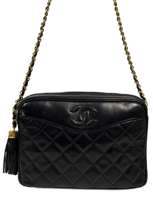 Chanel Vintage 80s Black Matelasse Quilted Lambskin Camera Chain Shoulder Bag with Fringe Tassel w 24K Gold Plated Hardware