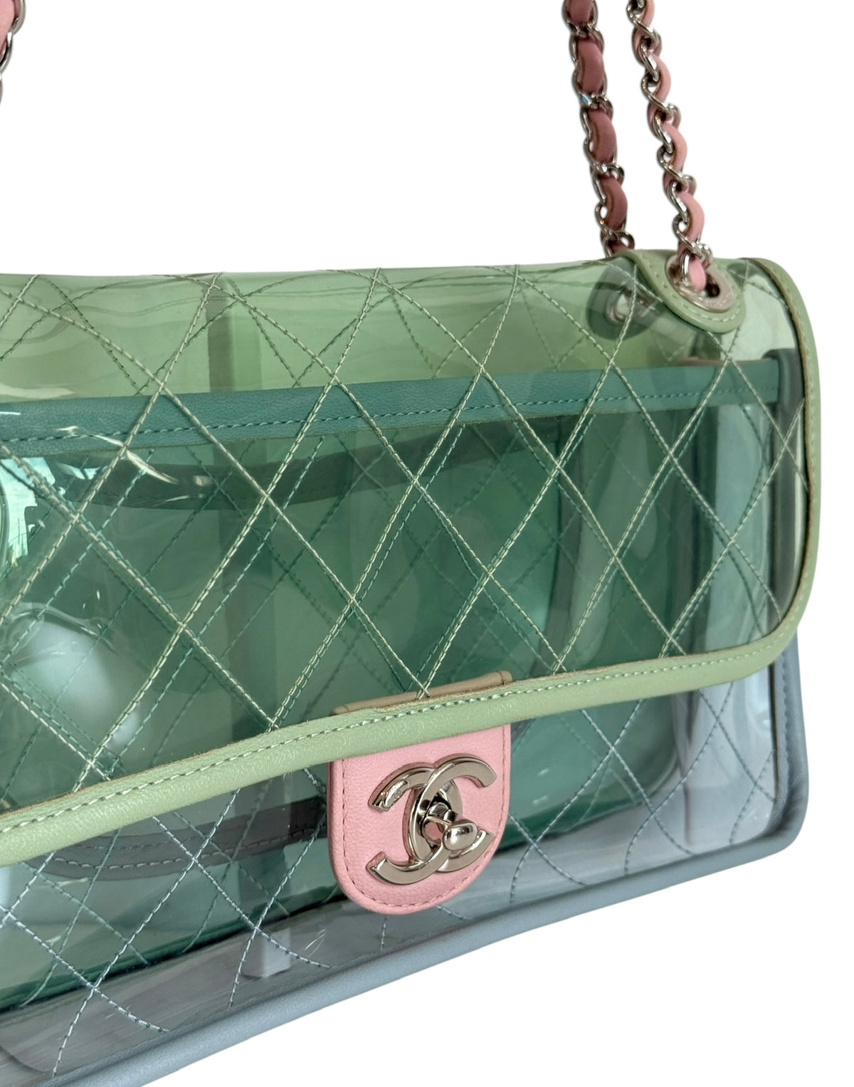 Chanel S/S 2018 Green Pink & Blue Coco Splash PVC Medium Shoulder Flap Bag