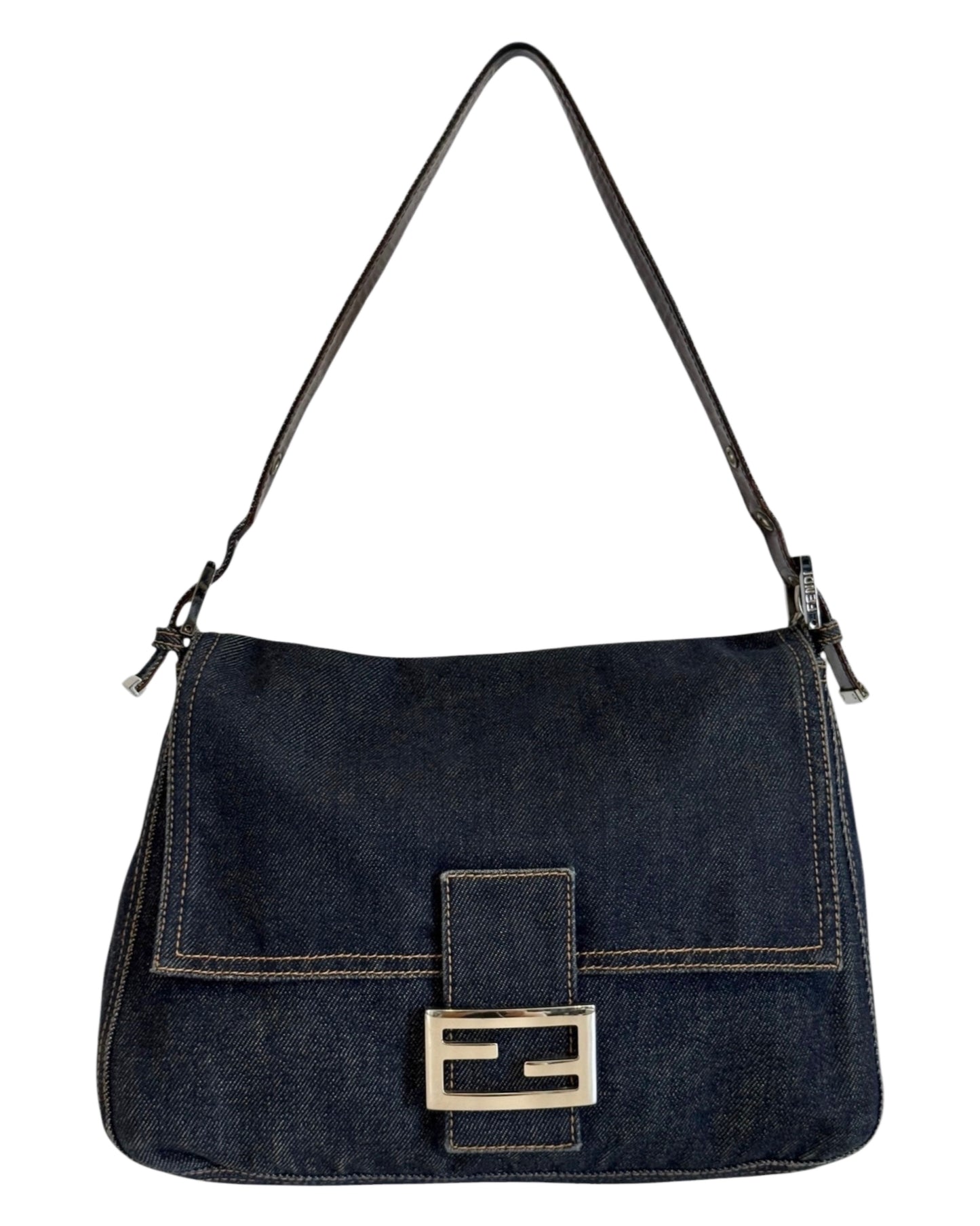 Fendi Vintage Classic Blue Denim Mamma Baguette Shoulder Bag