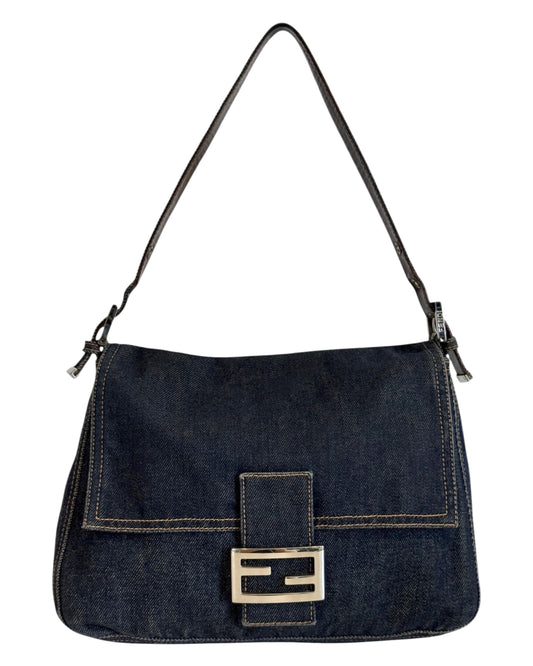 Fendi Vintage Classic Blue Denim Mamma Baguette Shoulder Bag