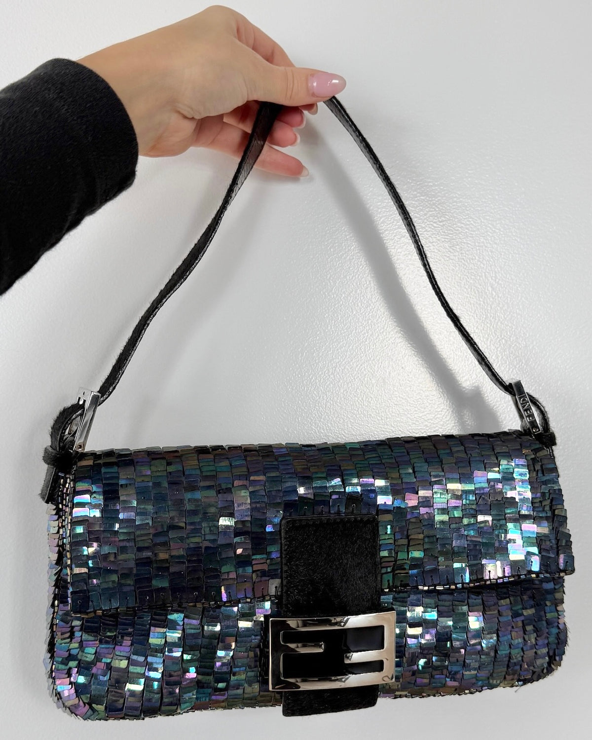 Fendi Vintage Iridescent Black Palliates Sequin Beaded Baguette with Pony Hair Trim