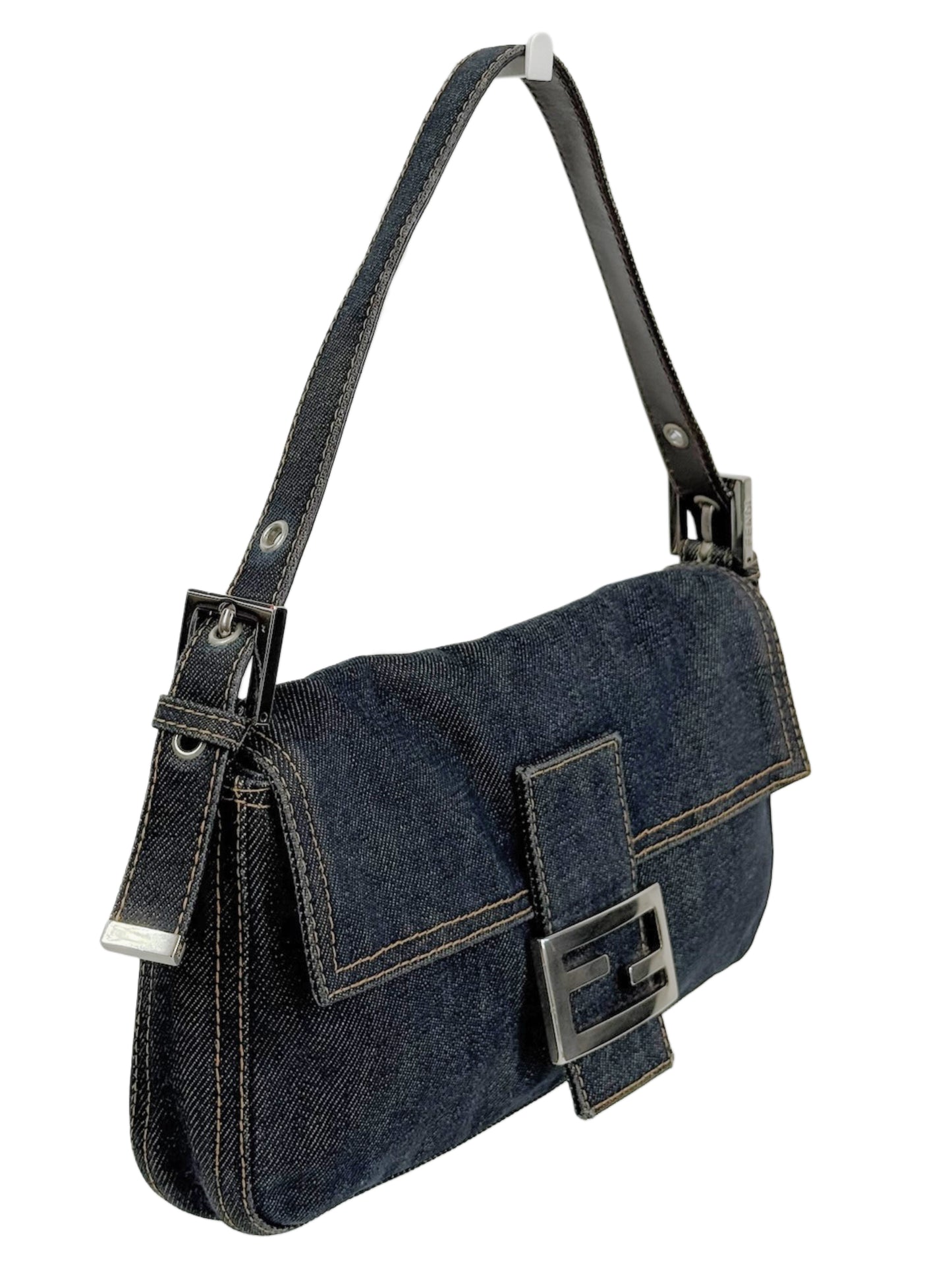 Fendi Vintage Blue Denim Classic Shoulder Baguette Bag