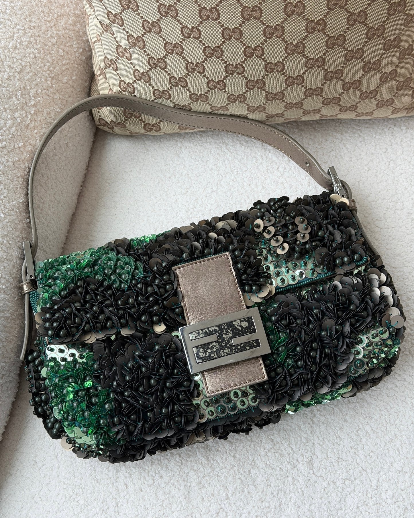 Fendi 2013 Camo Green 3D Beaded Sequin Embellished Shoulder Baguette Shoulder with Gunmetal Hardware