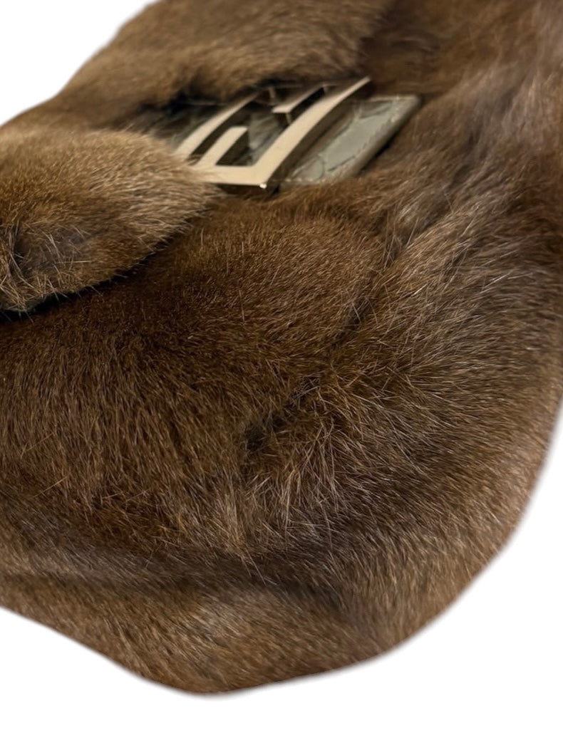 Fendi Vintage Brown Rabbit Fur Python Trim Mini Mamma Shoulder Baguette Bag