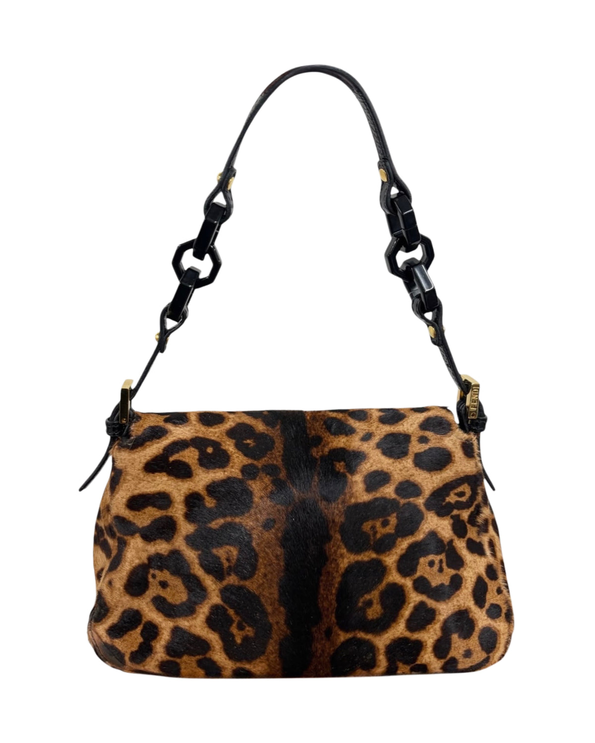 Fendi Vintage Leopard Print Pony Hair Marble Logo Mini Mamma Shoulder Baguette Bag