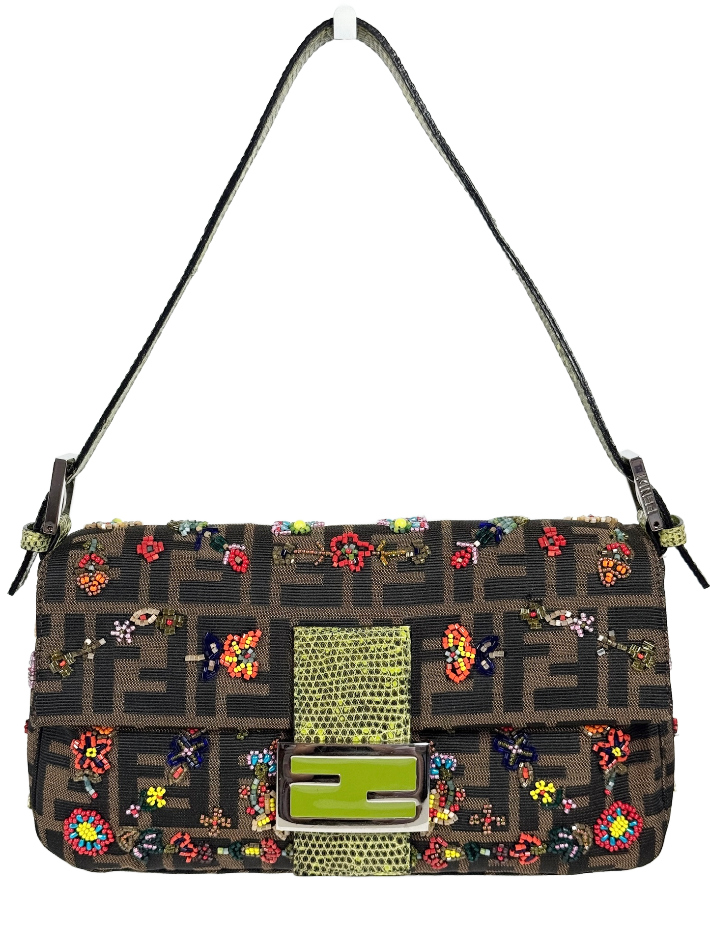 Fendi Vintage Brown Zucca Monogram Beaded Green Lizard Trim Shoulder Baguette Bag