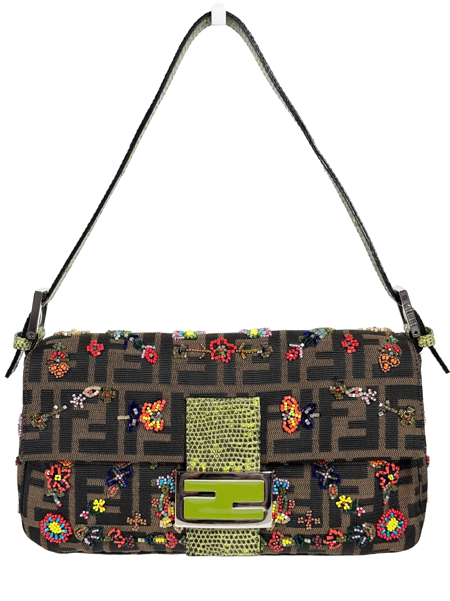 Fendi Vintage Brown Zucca Monogram Beaded Green Lizard Trim Shoulder Baguette Bag