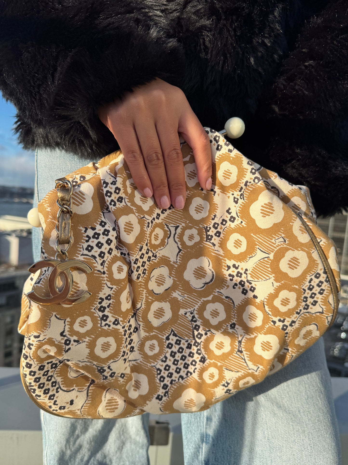 Chanel Vintage 00s Beige Camelia Print Chain Top Handle Clutch Bag