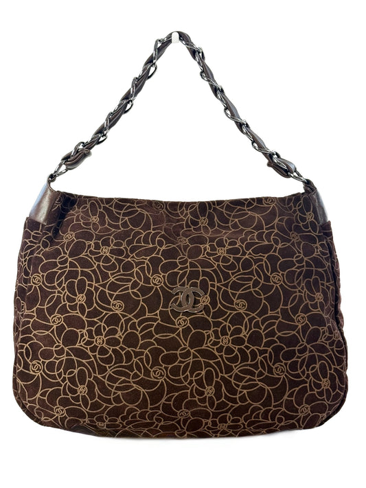 Chanel Vintage 00s Brown Suede Camellia Embossed Hobo