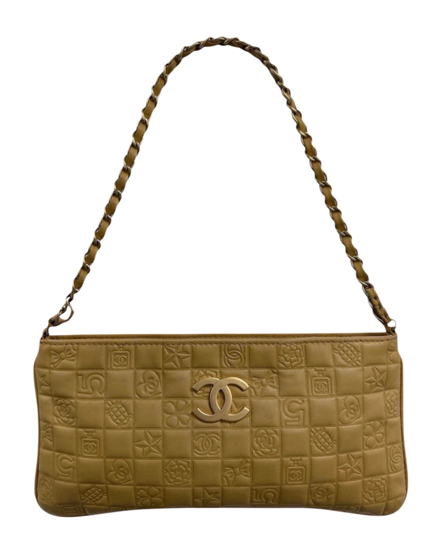 Chanel Vintage 00s Beige Quilted Chocolate Bar Lambskin Motif Logo Flat Pochette 