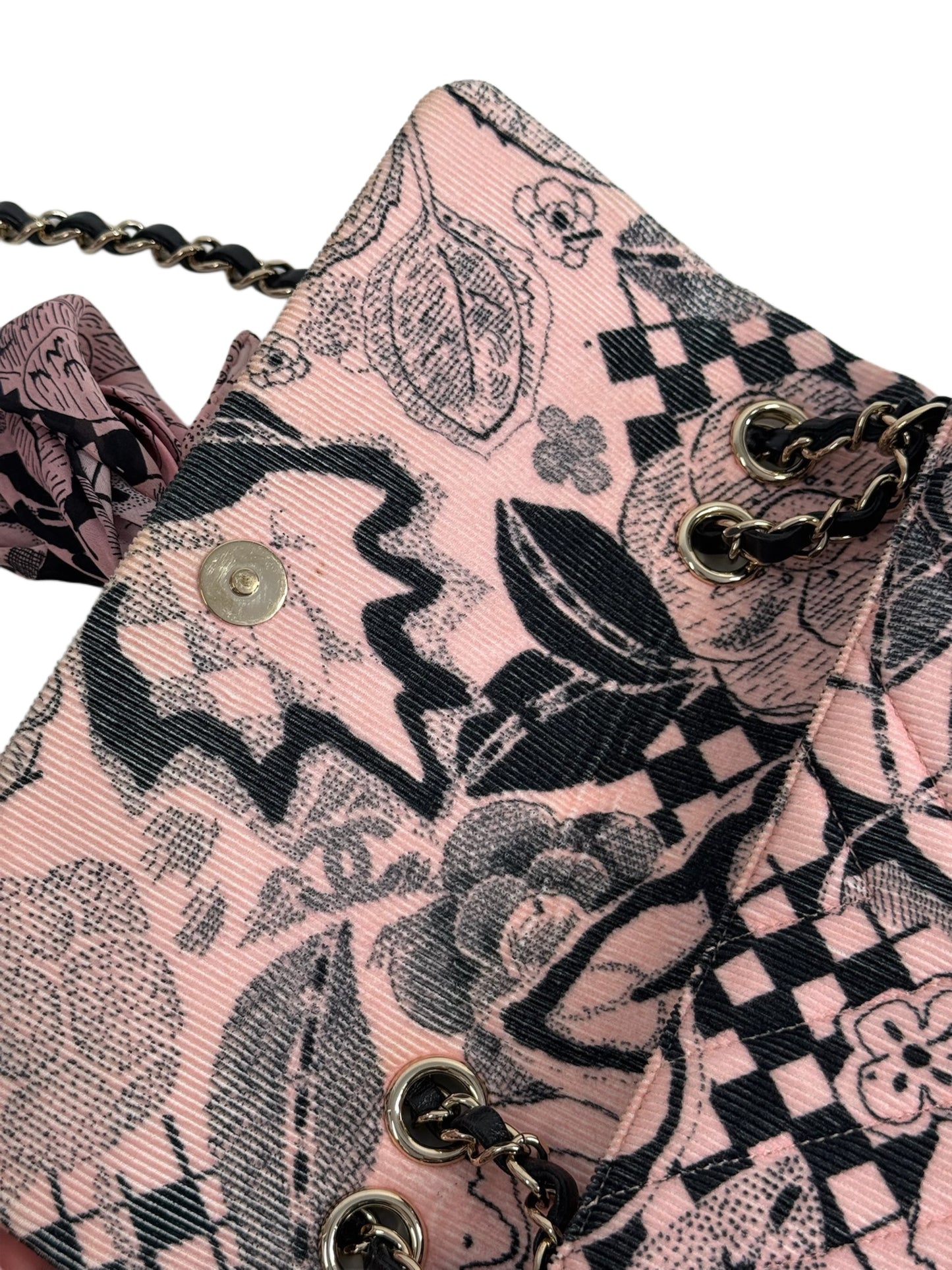 Chanel Pink & Black Corduroy CC Logo Camellia Motif Satin Bow Small Shoulder Classic Flap Bag