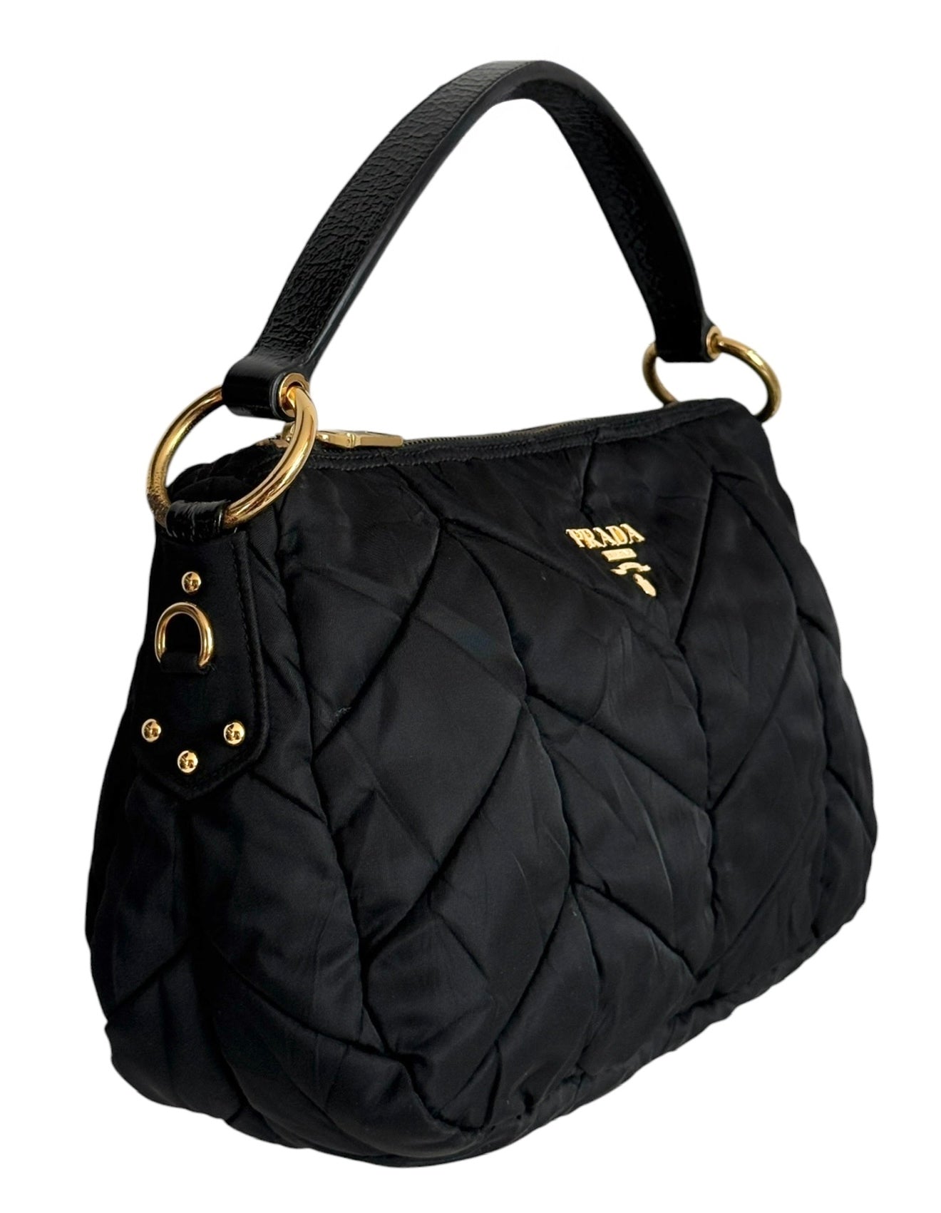 Prada Vintage Black Chevron Quilted Nylon Medium Hobo Top Handle Pochette Bag