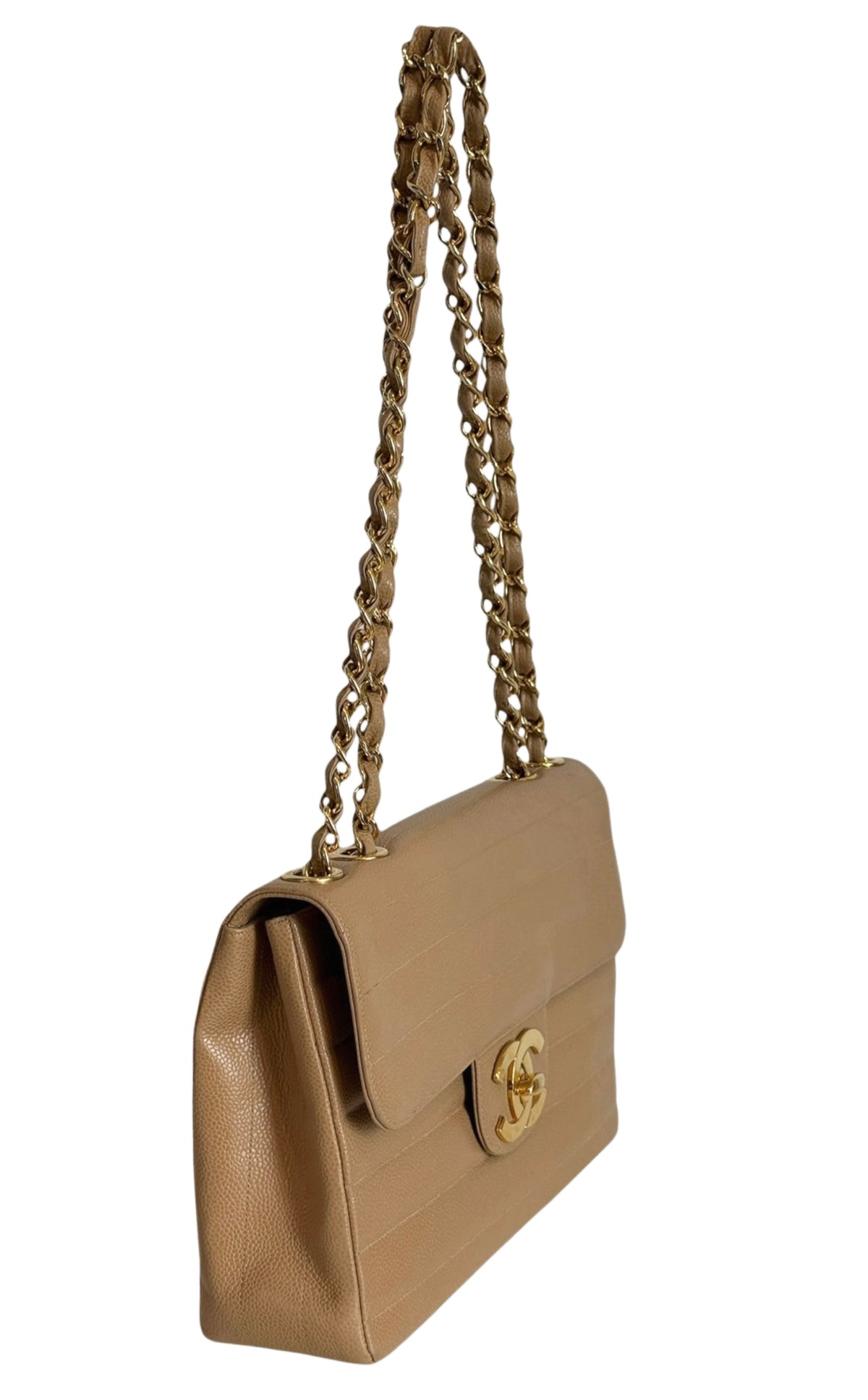 Chanel Vintage 1994-1996 Beige Horizontal Quilted Caviar Leather Jumbo Single Flap Bag with 24K GPHW
