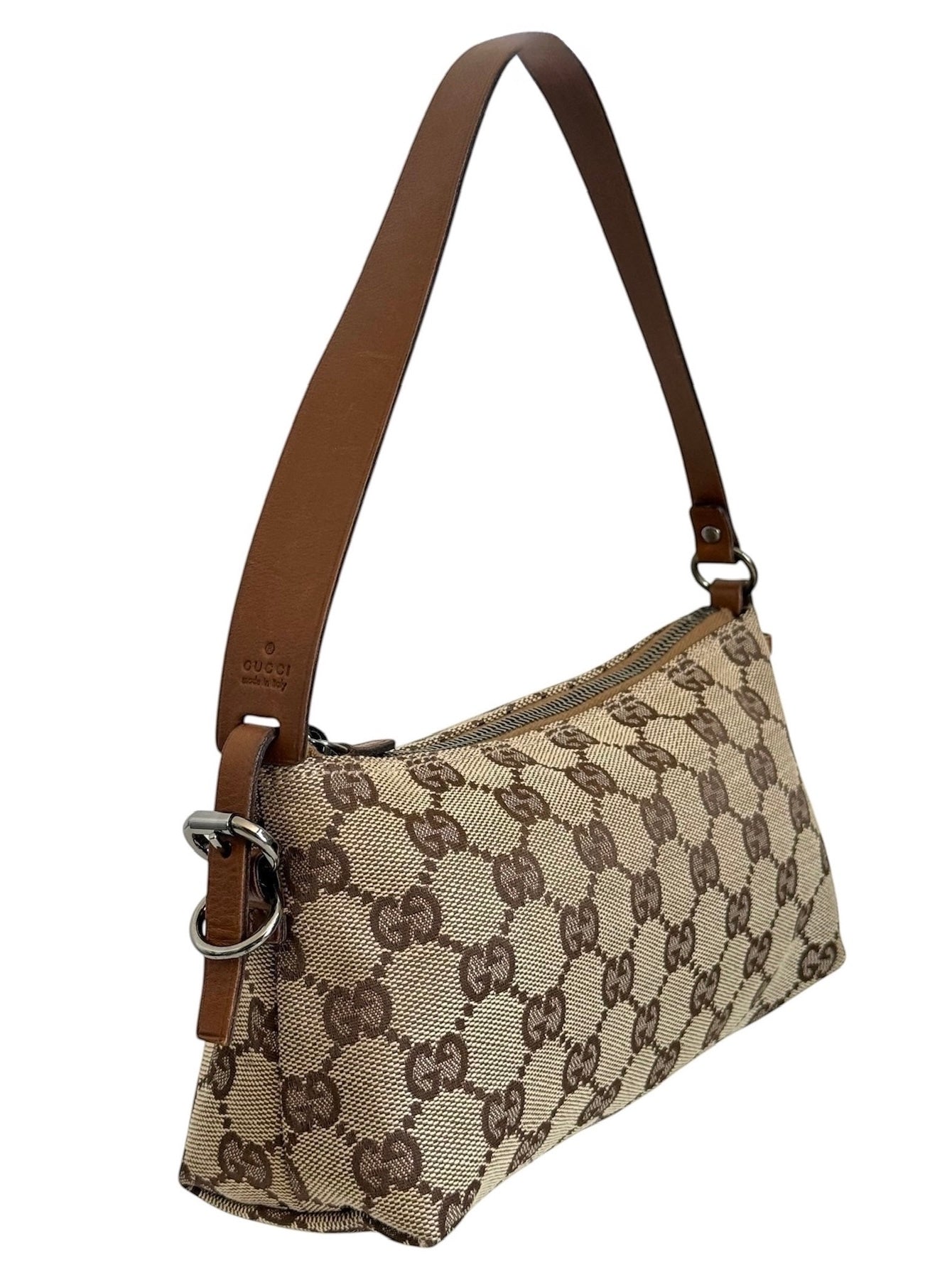 Gucci Vintage Brown GG Monogram Light Brown Leather Trim Small Pochette Bag