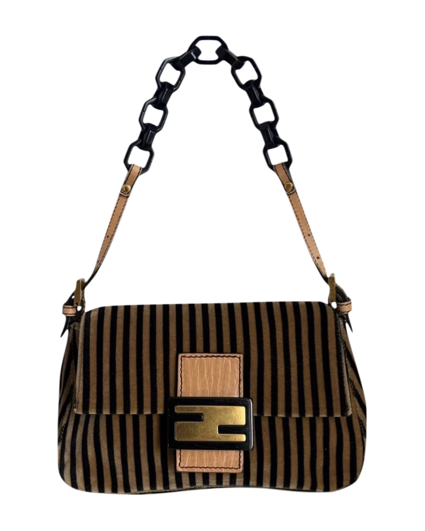 Fendi Vintage Velour Velvet Beige & Black Striped Chain Link Mini Mamma Shoulder Baguette Bag with Acrylic Chain Handle 