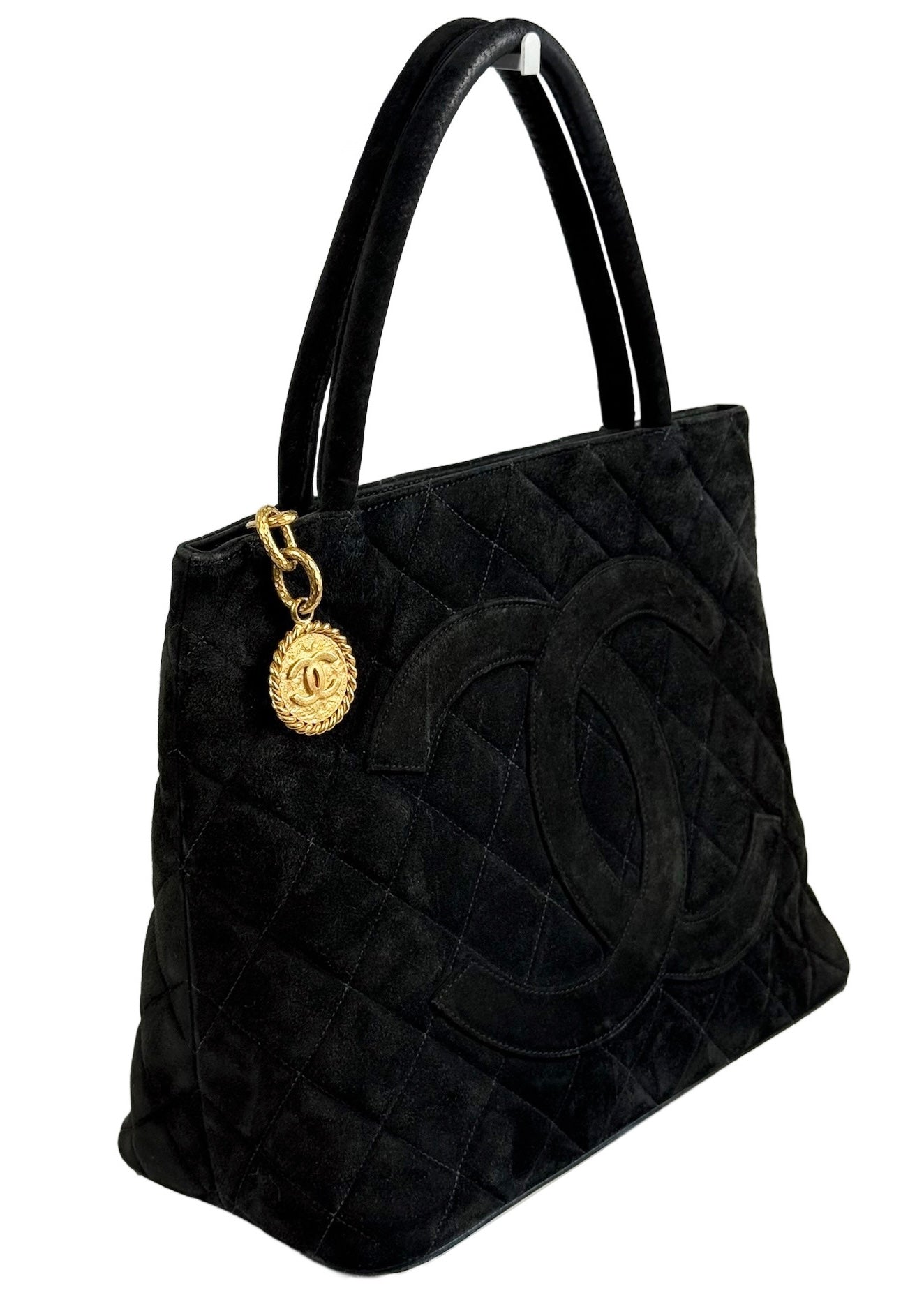 Chanel Vintage 90s Black Quilted Suede Medallion CC Shoulder Tote Bag