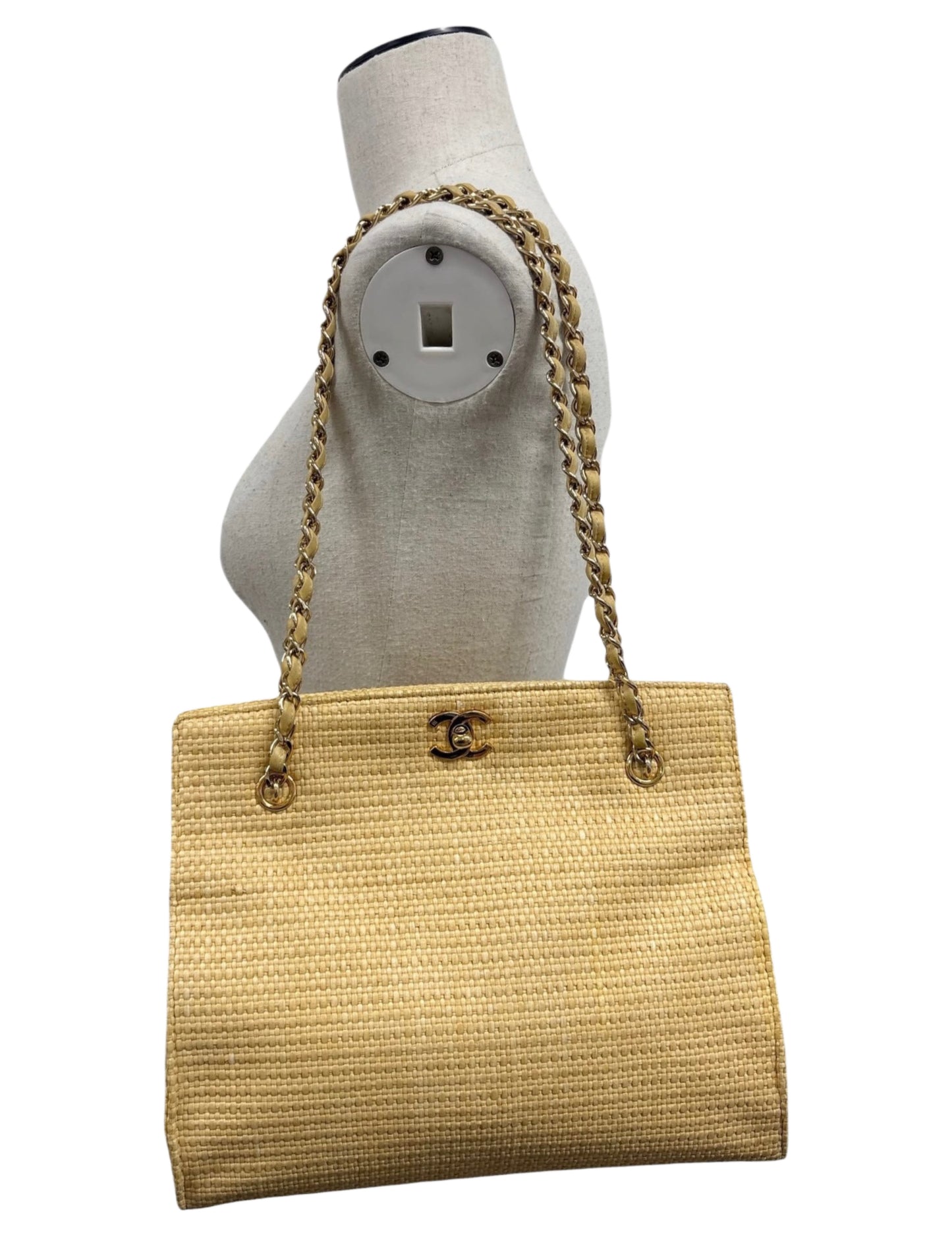 Chanel Vintage 2000 Beige Raffia Turnlock Shoulder Tote Bag with 24K Gold Plated Hardware 