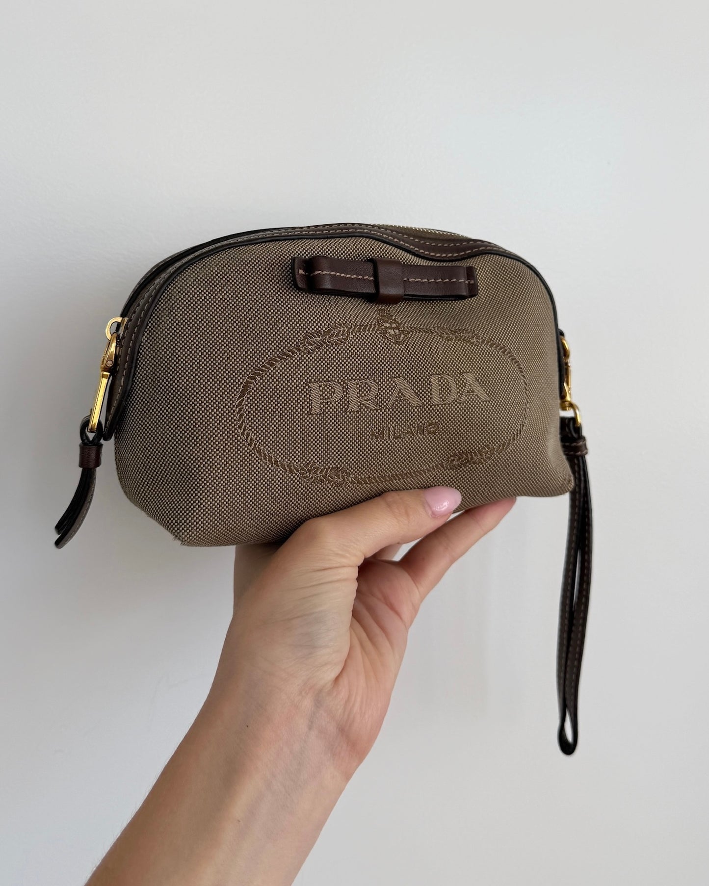 Prada Vintage Brown Jacquard Canapa Logo Small Wristlet Clutch Pochette