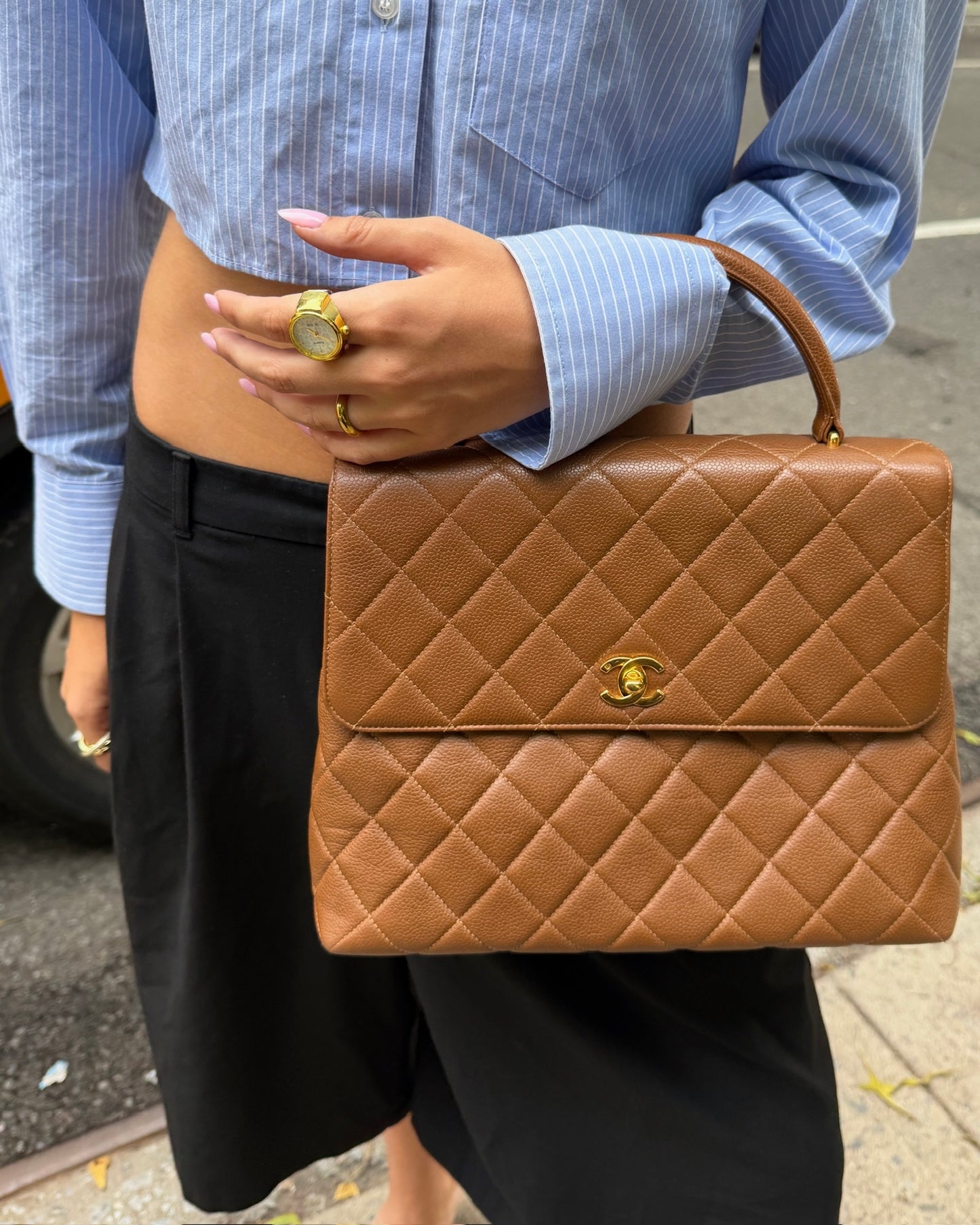 Chanel Vintage 90s Light Brown Quilted Caviar Medium Kelly Top Handle Flap Bag with 24K GPHW 