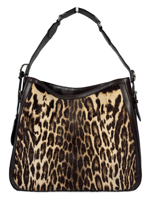 Gucci Brown Leopard Print Pony Hair Large Structured Shoulder Tote Bag
