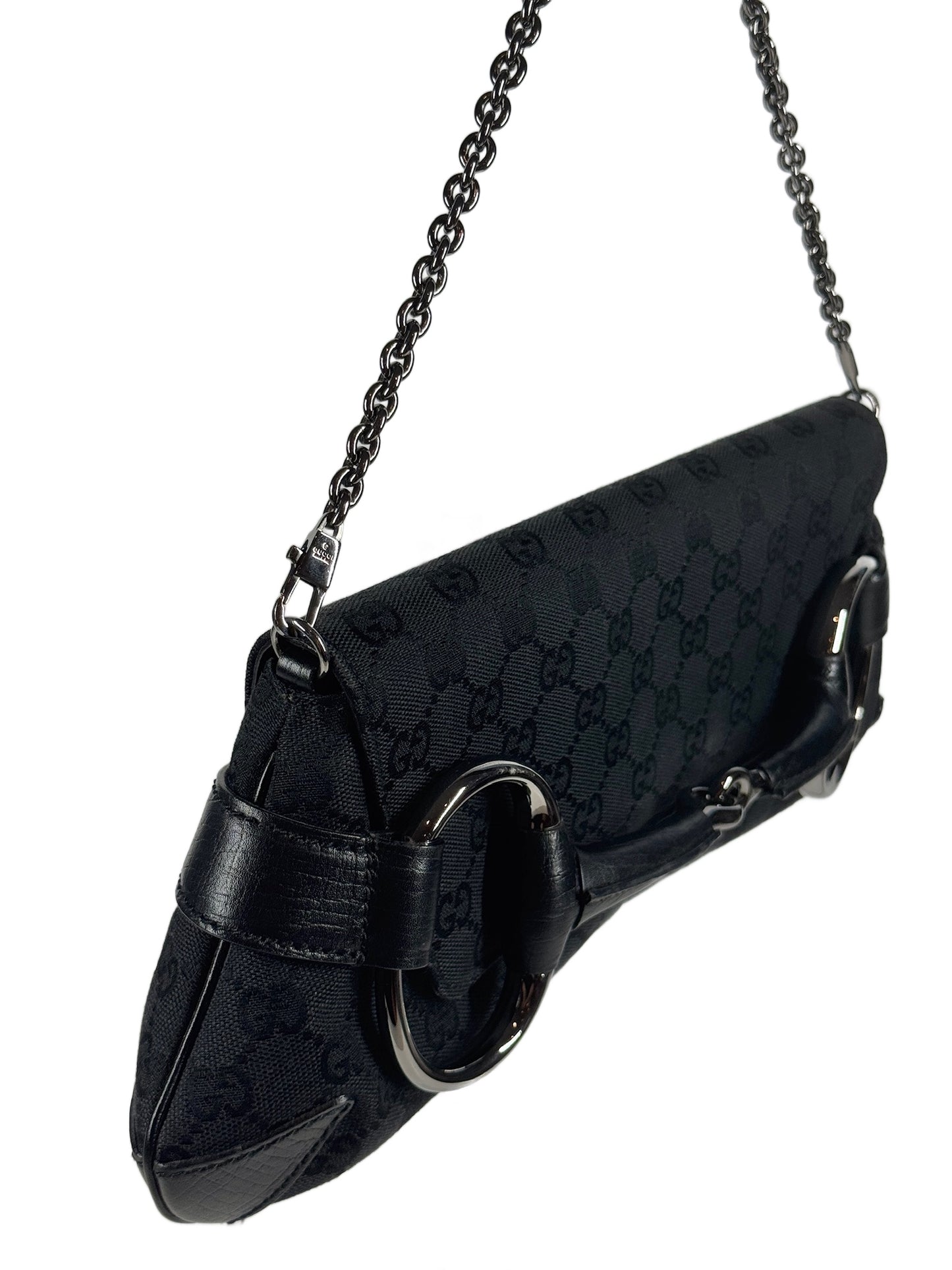 Gucci Vintage Black GG Monogram Horsebit Large Chain Shoulder Clutch Bag