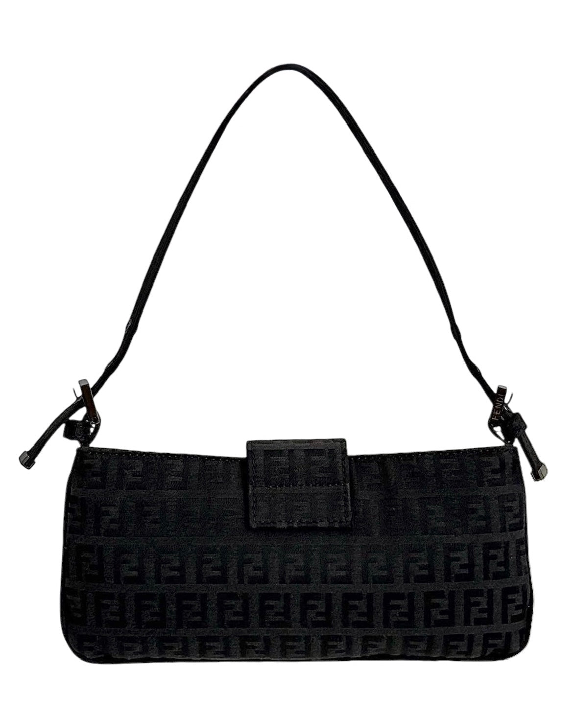 Fendi Vintage Black Zucchino Zucca Monogram Flat Pochette Shoulder Baguette Bag