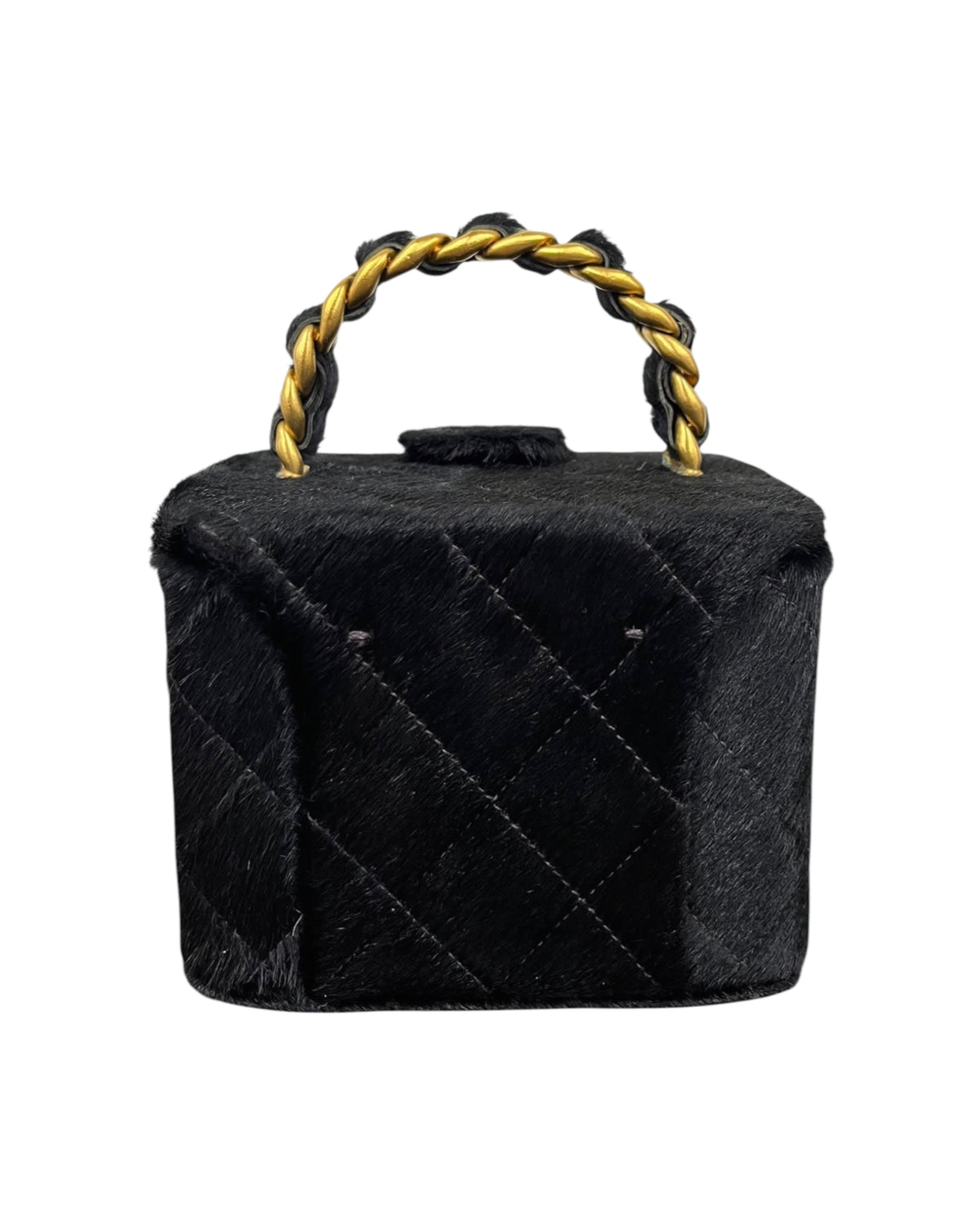 Chanel Vintage Early 90s Black Quilted Pony Hair Vanity Trunk Top Handle Clutch with AGHW