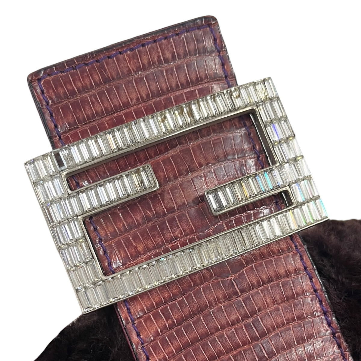 Fendi Vintage Purple Rabbit Fur Pink Lizard Trim Crystal Logo Shoulder Baguette Bag
