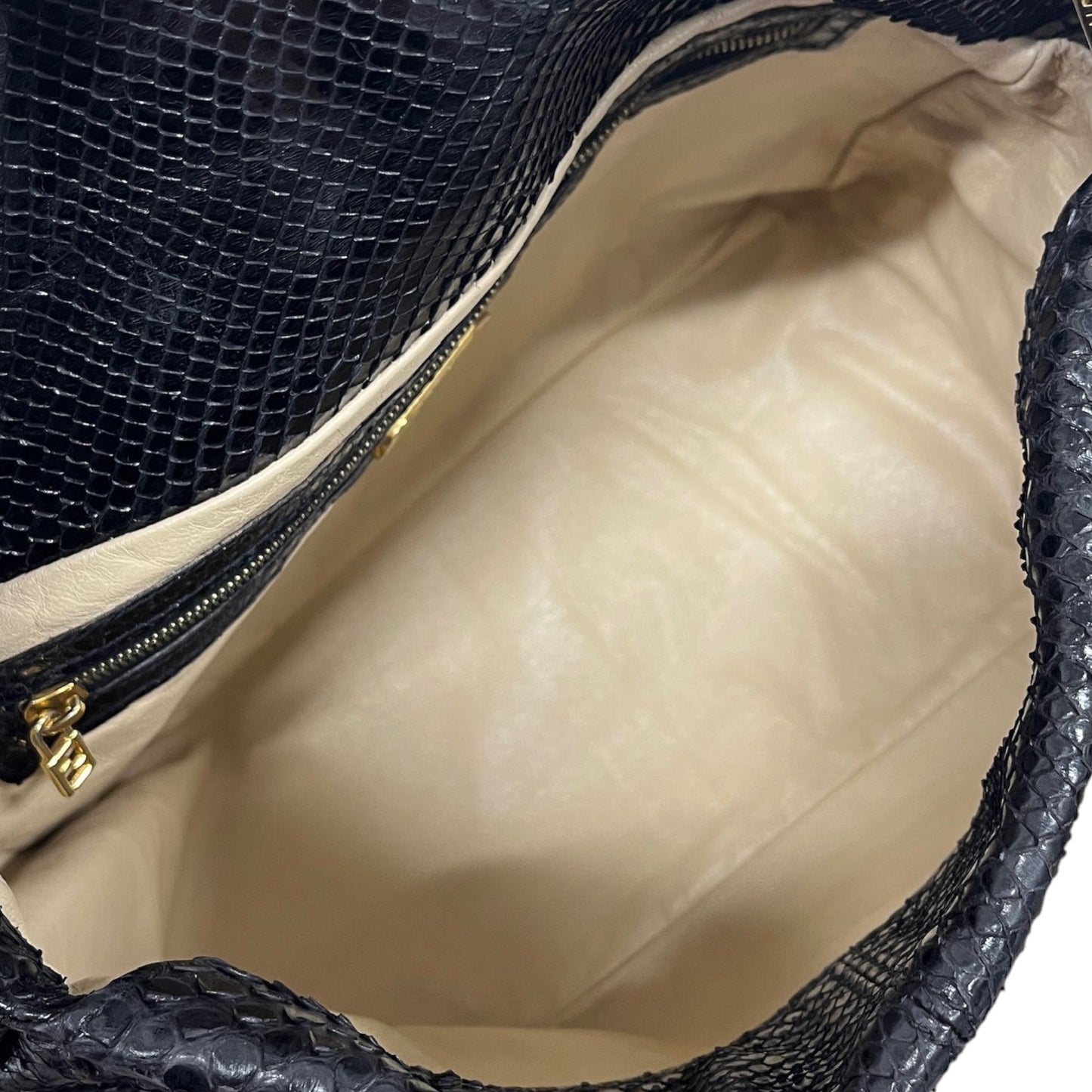 Fendi Vintage Black Python Leather Double Flap Bucket Small Hobo Shoulder Baguette Bag