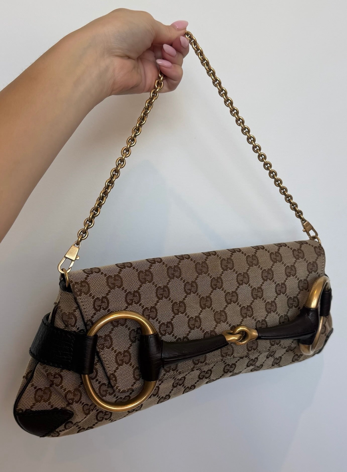Gucci Vintage Brown GG Monogram Large Horsebit Shoulder Clutch Pochette Bag