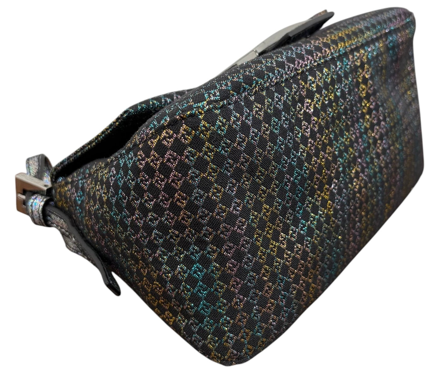 Fendi Vintage Black Iridescent Micro Zucchino Zucca Monogram Mini Mamma Shoulder Baguette Bag