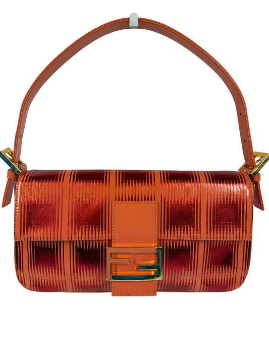 Fendi Vintage Orange Leather Metallic Red Shoulder Baguette Bag