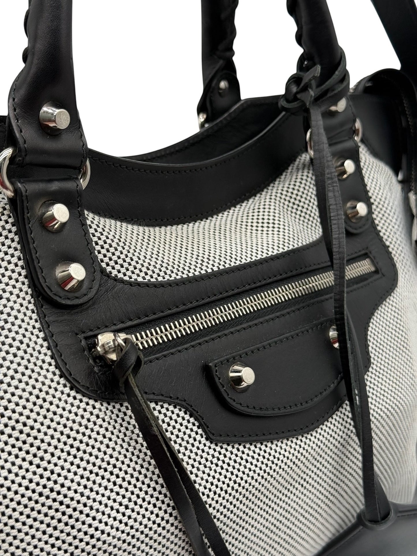 Balenciaga Black & White Canvas Leather Trim Motocross Classic Medium City Bag