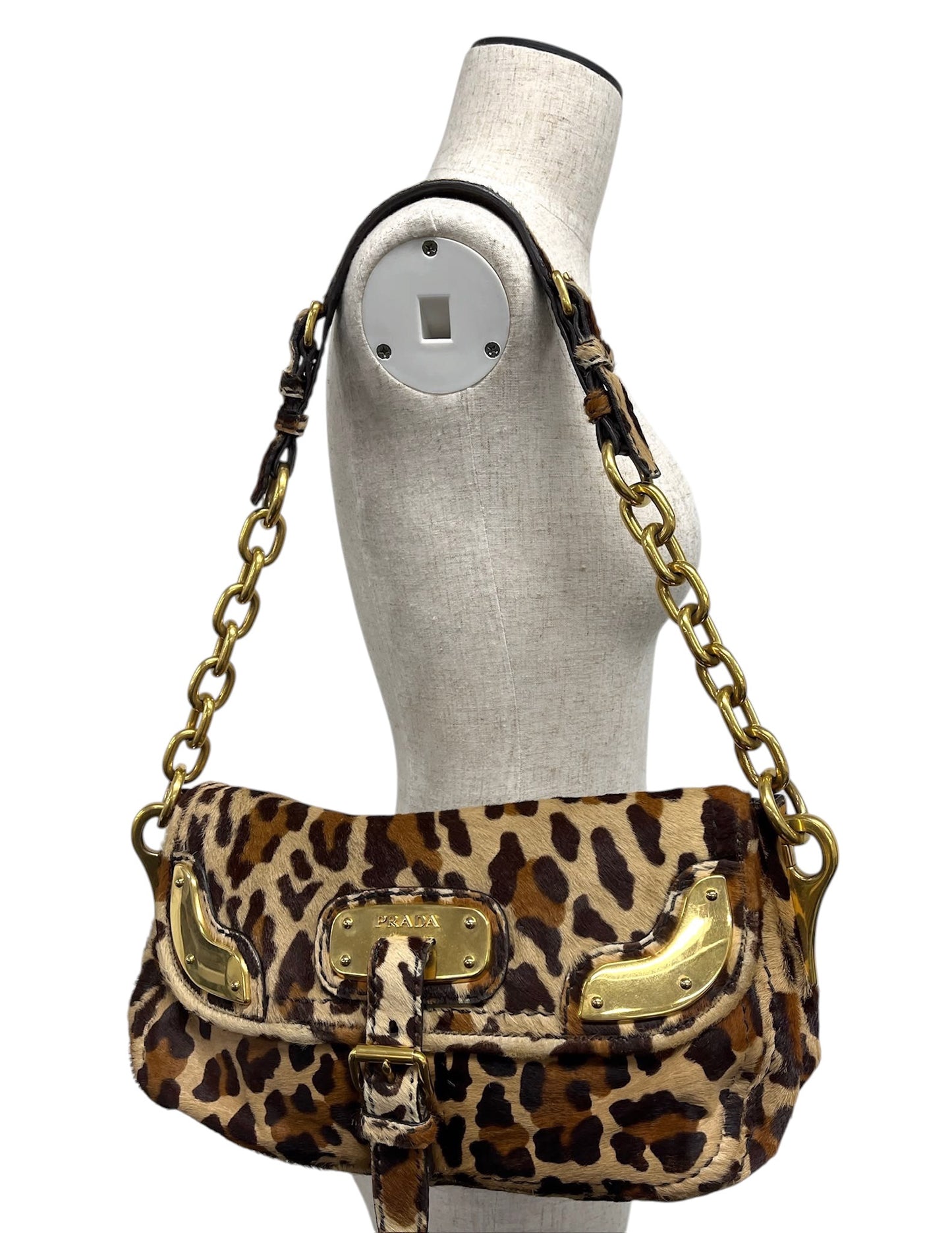 Prada Vintage Leopard Print Pony Hair Chain Link Buckle Small Shoulder Bag