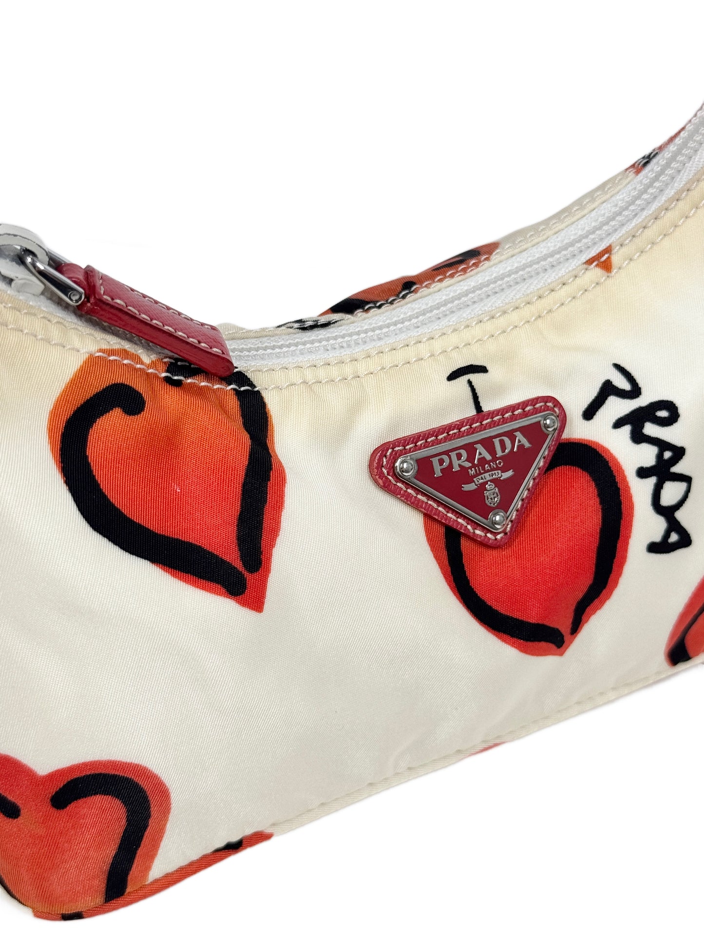 Prada Vintage White Nylon Red Heart Logo Pochette Shoulder Bag