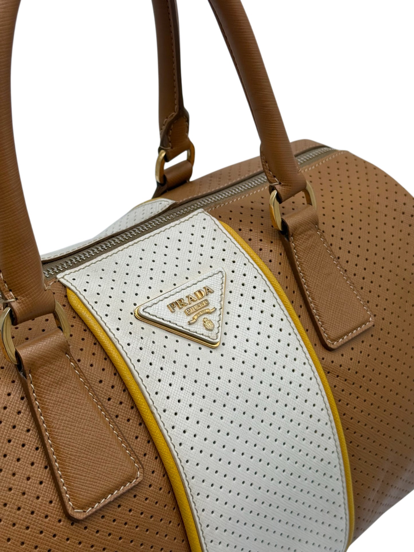 Prada Vintage Beige & White Striped Perforated Leather Small Boston Top Handle Bag